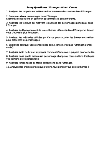 L Etranger Key Quotes Teaching Resources