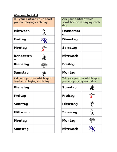 Sportarten und Tage (Sports and Days in German) Partner Speaking Activity