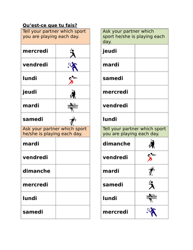 Sports et Jours (Sports and Days in French) Partner Speaking Activity