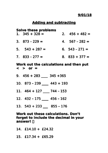 Recap of addition and subtraction MASTERY with some reasoning