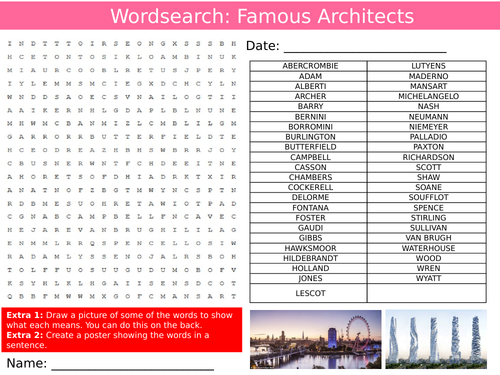 Famous Architects Wordsearch Sheet Keywords KS3 Settler Starter Cover Lesson