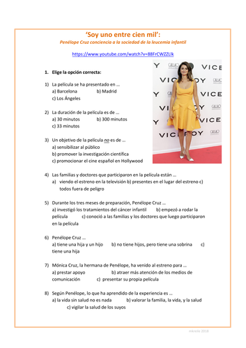 Spanish video worksheet: Penelope Cruz - Trabajo benéfico (Influencia de los ídolos)