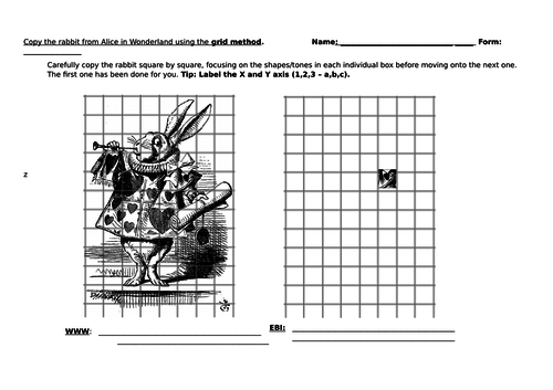 Alice in Wonderland Rabbit Grid Method Worksheet - Art and Design - Ideal Homework or Cover Lesson