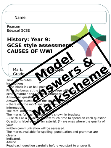 WWI- Causes of WWI full assessment with model answers for feedback lesson