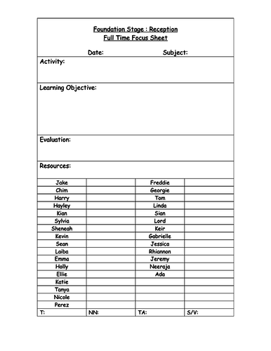 Foundation Stage Focus Sheet