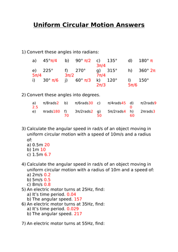 Answers to A-level Circular motion booklet
