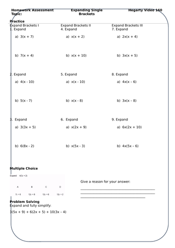 Expanding Single Brackets Homework with Answers