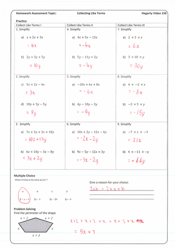 Collecting Like Terms/Simplifying Expressions Homework with Answers
