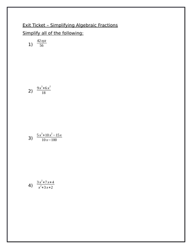 Exit Ticket - Simplifying Algebraic Fractions