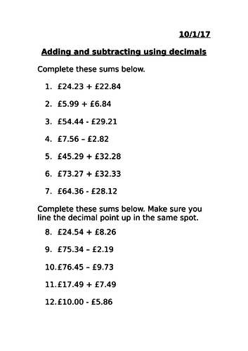 Adding and subtracting money using decimals MASTERY