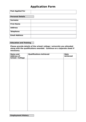 Application form Template - BTEC Level 2 - Unit 8 Recruitment, Selection and Employment
