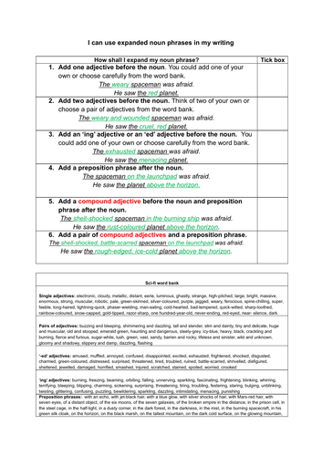 expanded noun phrases, science fiction writing, KS2, short burst, sci-fi