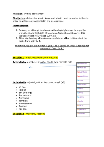 KS3 Spanish - la comida/ food - Writing assessment revision -Differentiated revision booklet
