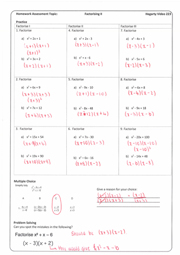 Factorising Quadratics Homework with Answers