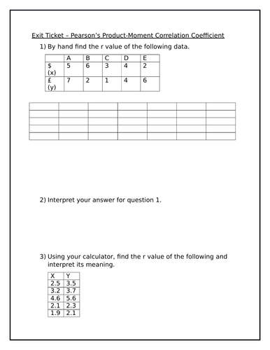 Exit Ticket - Pearson's Product Moment