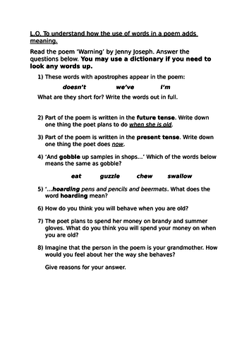 Warning poem - Jenny Joseph - 3 differentiated reading questions sheets