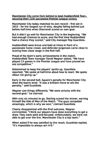 Reading activity based on use of inverted commas, using a real football match report from Dec 2017