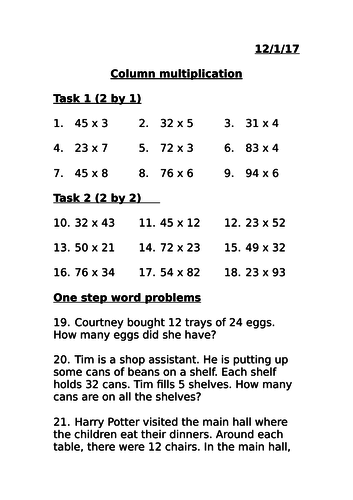 Column multiplication 2 by 1 and 2 by 2 MASTERY