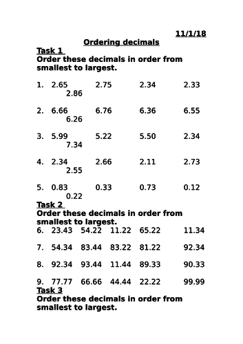 Ordering decimals with different place values MASTERY
