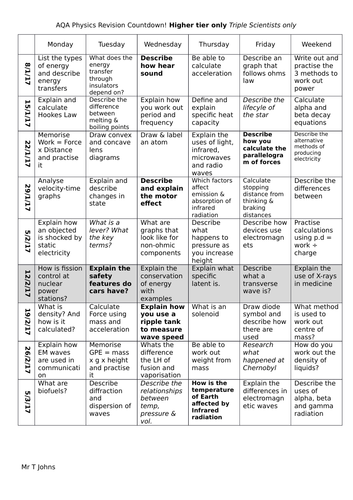 Physics (AQA) student revision grid timetable new GCSE 1-9