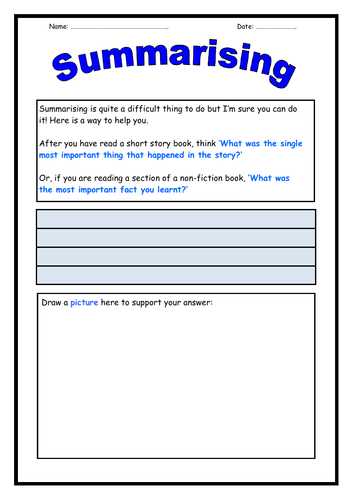 Summarising Worksheet Teaching Resources