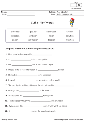 KS2 English Worksheet Suffix Tion Words