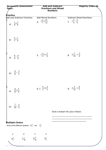 Adding And Subtracting Fractions And Mixed Numbers Homework With Answers Teaching Resources