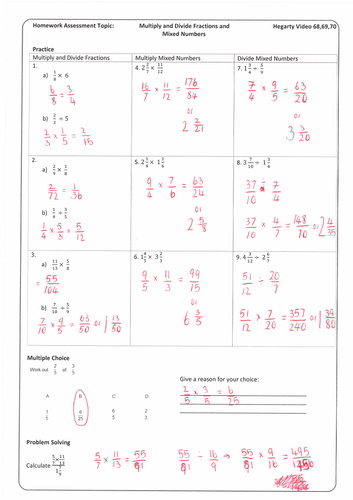 multiplying and dividing fractions and mixed numbers homework with answers teaching resources