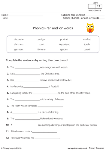 KS2 English Worksheet: Phonics - 'ar' and 'or' words | Teaching Resources