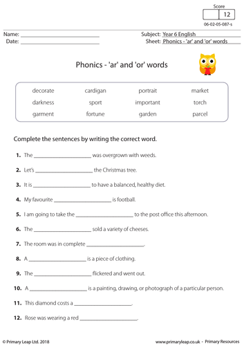 KS2 English Worksheet: Phonics - 'ar' and 'or' words