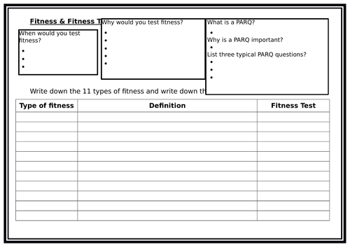 GCSE PE - Fitness Testing Worksheet - With Questions