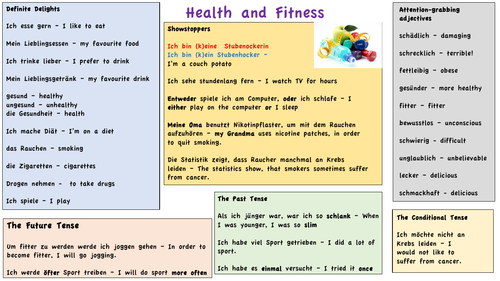 GCSE GERMAN REVISION WRITING AND SPEAKING MAT - HEALTH AND FITNESS