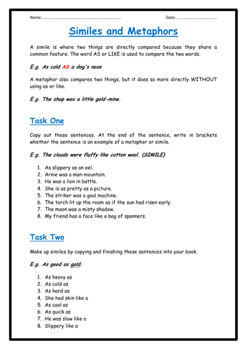 Similes and Metaphors - Worksheet