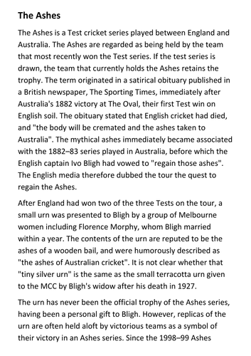 The Ashes Handout