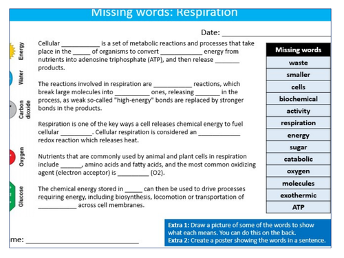 Respiration Missing Words Cloze Activity Sheet Keywords KS3 Settler Starter Cover Science Biology