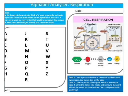 Respiration Alphabet Analyser Sheet Keywords KS3 Settler Starter Cover Lesson Science Biology