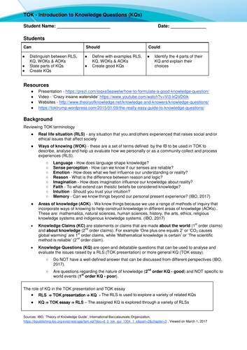 IB DP Theory of Knowledge - Lesson - Introduction to Knowledge Questions