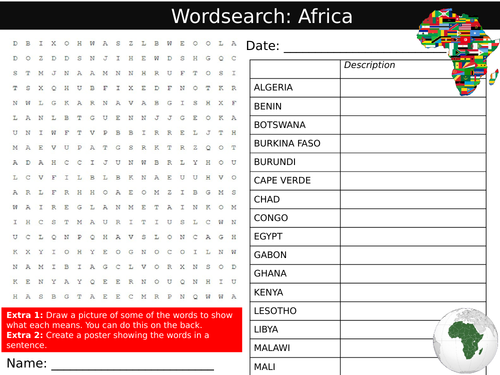 African Countries Wordsearch Sheet Keywords KS3 Settler Starter Cover Lesson Africa Geography