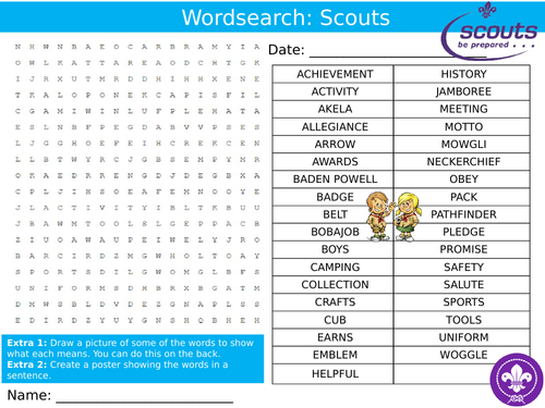 Scouts Wordsearch Sheet Keywords KS3 Settler Starter Cover Lesson Scouts Outdoor Adventuring