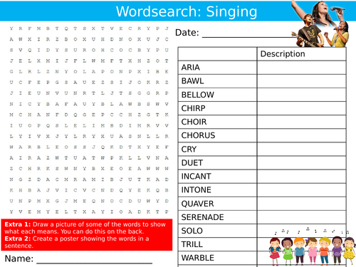 Singing Wordsearch Sheet Keywords KS3 Settler Starter Cover Lesson Music Voice