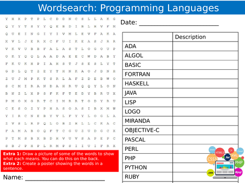 Programming Languages Wordsearch Sheet Keywords KS3 Settler Starter Cover Lesson ICT Computing