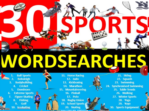 30 x Sports Wordsearches PE Fitness Health Starter Settler Activity Homework Cover Wordsearch