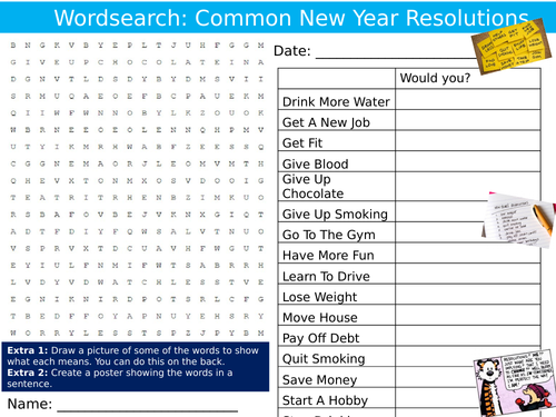 New Year Resolutions Wordsearch Sheet Keywords KS3 Settler Starter Cover Lesson PSHE Target Setting