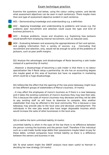 Business Studies Exam Technique Practice Activity