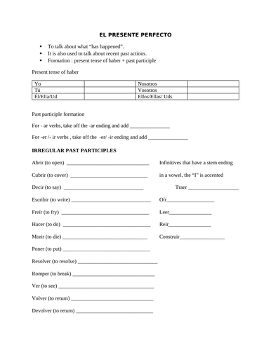 present perfect graphic organizer