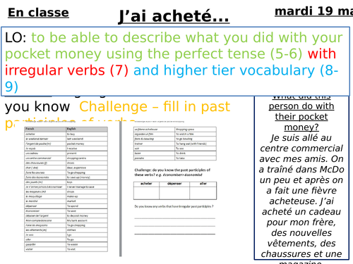 Past Tense Pocket Money - French. Differentiated, observation standard lesson.