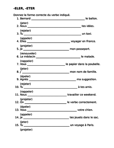 appeler et jeter french verbs worksheet teaching resources