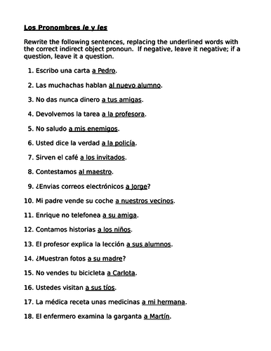 Indirect object pronouns in Spanish Worksheet