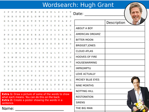 Hugh Grant Actor Wordsearch Sheet Drama Keywords KS3 Settler Starter Cover Lesson