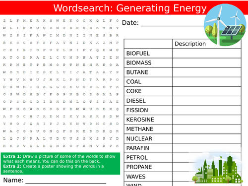 Generating Energy Wordsearch Sheet Keywords KS3 Settler Starter Cover Lesson Science Physics